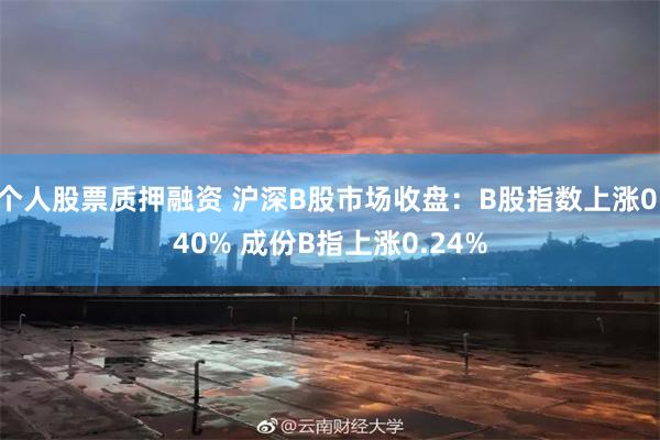 个人股票质押融资 沪深B股市场收盘：B股指数上涨0.40% 成份B指上涨0.24%